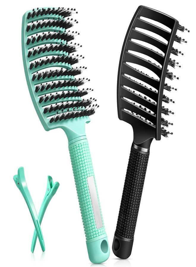 STYLEMATE Curved Detangler Brush for Women Kid Men, 2 Pack Boar Bristle Vented Hair Brush Set with Clips for Fine Thick Hair Smoothing, Detangling, Faster Blow Drying - Image 1