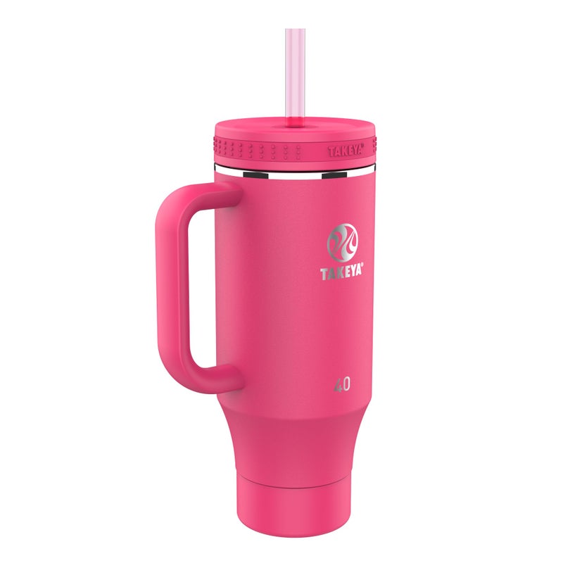Takeya 40 oz Stainless Steel Tumbler with Lid and Two Straws Premium Quality Double Wall Insulated Wiith Handle Keep Drinks Cold for Up to 24 Hours Dragon Fruit
