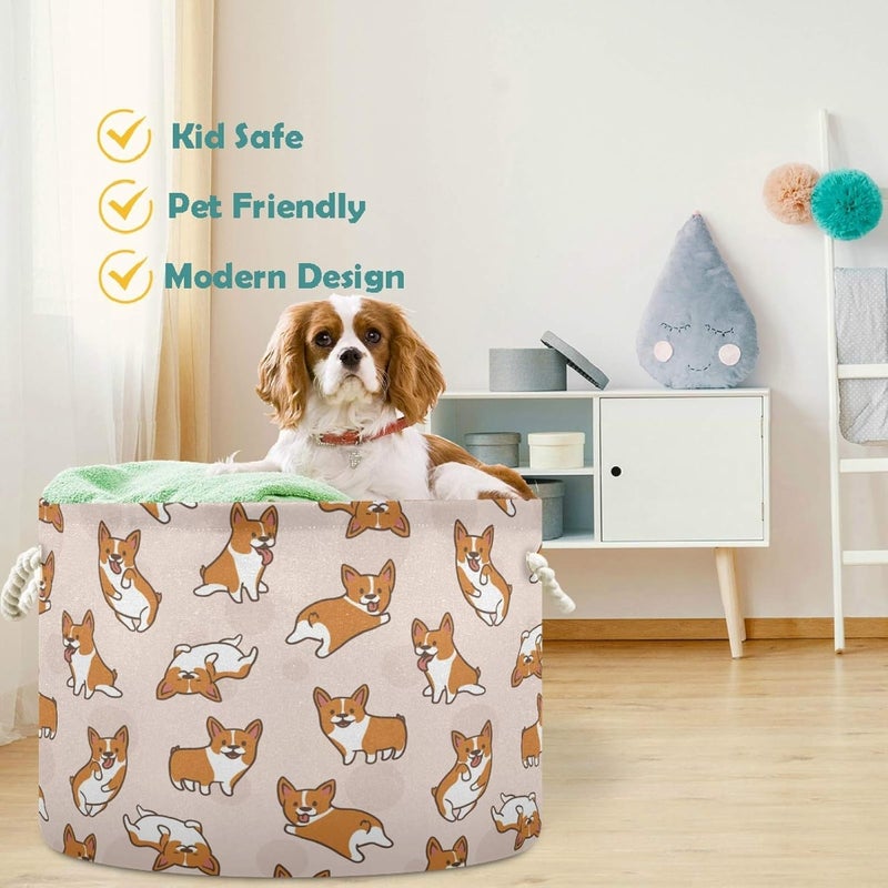 visesunny Storage Basket Corgi Dog Cartoon Animal Nursery Hamper Canvas Fabric Toy Storage Organizer Bin Waterproof Storage Box Laundry Basket for Kid RoomsPlayroomShelvesToy BasketGift Basket - Image 3