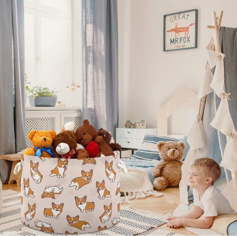 visesunny Storage Basket Corgi Dog Cartoon Animal Nursery Hamper Canvas Fabric Toy Storage Organizer Bin Waterproof Storage Box Laundry Basket for Kid RoomsPlayroomShelvesToy BasketGift Basket - Image 4