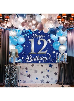 KATCHON Blue Happy 12Th Birthday Banner 72X44 Inch Big ; Blue Silver 12Th Happy Birthday Backdrop ; 12 Birthday Decorations For Boys ; Happy Birthday Banner For 12Th Birthday Party Decorations  - Image 4