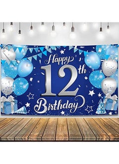 KATCHON Blue Happy 12Th Birthday Banner 72X44 Inch Big ; Blue Silver 12Th Happy Birthday Backdrop ; 12 Birthday Decorations For Boys ; Happy Birthday Banner For 12Th Birthday Party Decorations  - Image 2