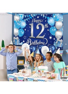 KATCHON Blue Happy 12Th Birthday Banner 72X44 Inch Big ; Blue Silver 12Th Happy Birthday Backdrop ; 12 Birthday Decorations For Boys ; Happy Birthday Banner For 12Th Birthday Party Decorations  - Image 3