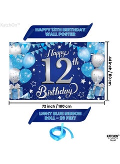KATCHON Blue Happy 12Th Birthday Banner 72X44 Inch Big ; Blue Silver 12Th Happy Birthday Backdrop ; 12 Birthday Decorations For Boys ; Happy Birthday Banner For 12Th Birthday Party Decorations  - Image 5