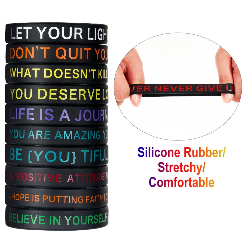 Sumind 60 Pieces Inspirational Rubber Bracelet Motivational Quote Silicone Bracelets 20 Styles Black Stretch Wristbands for Men Women Teens (Dark Colors) - Image 3