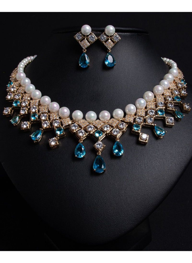 Mark Fairwhale New Blue Water Drop Zircon Vintage Necklace Earrings  - Image 1