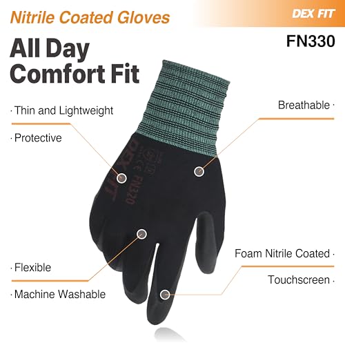 DEX FIT Nitrile Work Gloves FN330, 3 Pairs, 3D-Comfort Stretchy Fit, Firm Grip, Thin & Lightweight, Touch-Screen Compatible, Durable, Breathable & Cool, Machine Washable; Black M (8) - Image 4