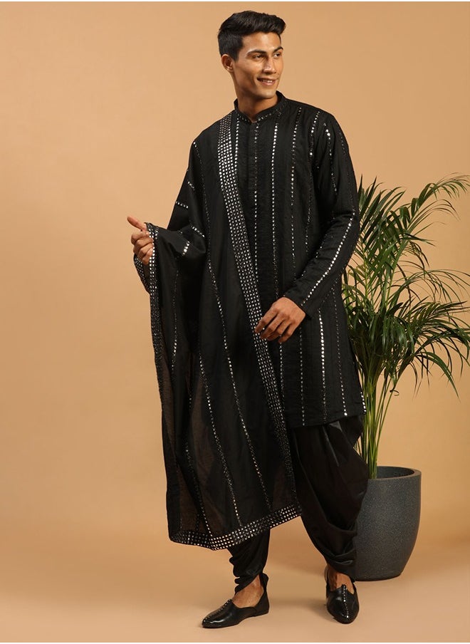 PRASHA - Men's Black Viscose Kurta and Dhoti Set - Image 1