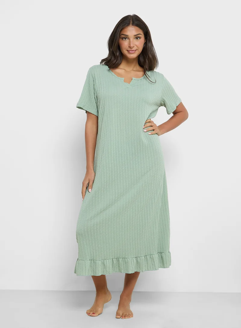 جينجر Ribbed Sleep Shirt With Frill Hem