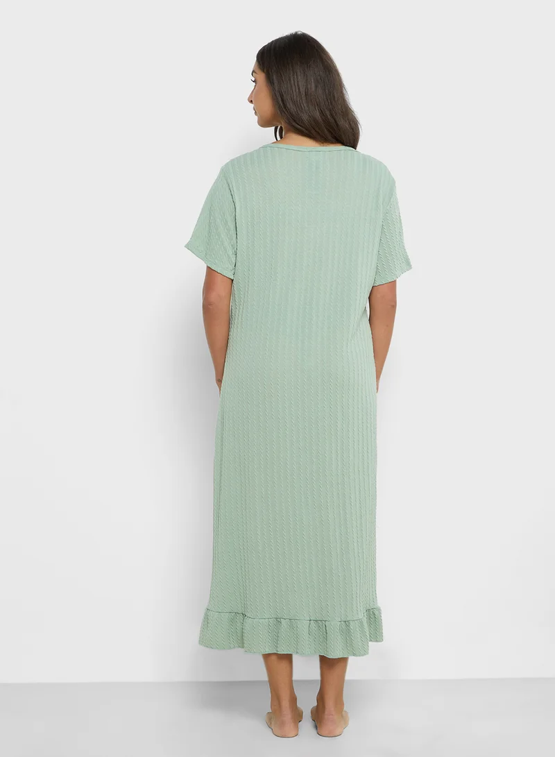 جينجر Ribbed Sleep Shirt With Frill Hem