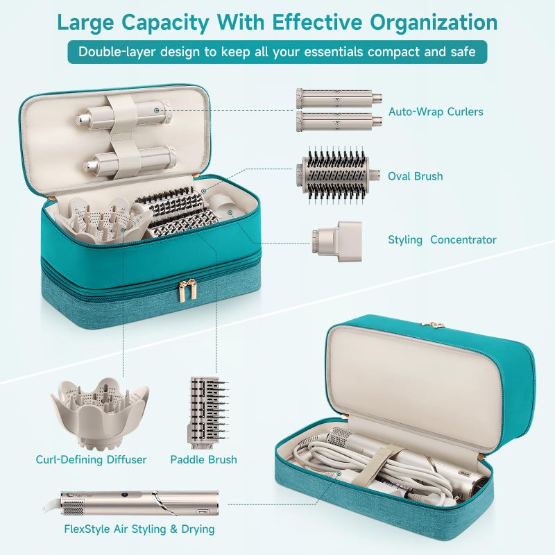 Adworte Travel Hair Dryer Case for Shark Flexstyle, Double-Layer Carrying Case for Shark Flex Style Blow Dryer, Portable Hair Tools Storage Organizer Bag for Shark Beauty Hairdryer Attchments (Teal Green) - Image 2