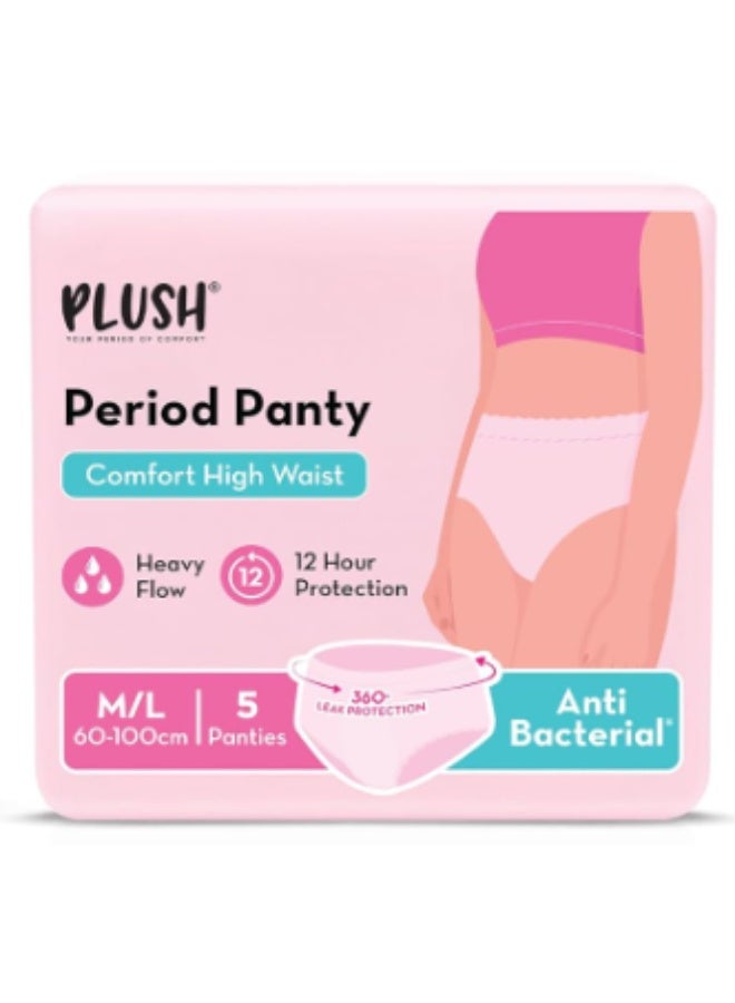 Plush Comfort High Waist Disposable Period Panty for Girls Heavy Flow - 5 Pcs M/L (60-100cm) | Anti-Bacterial | Non-Bulky, Panty like Fit | 12-Hour Protection | 360° Coverage 100% Rash-Free Period Panties | Ideal for Overnight Use - Image 1