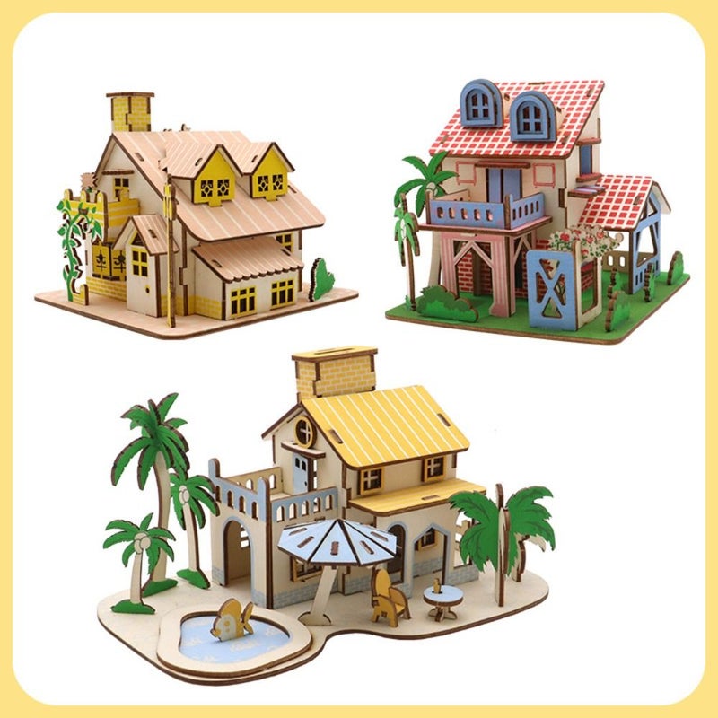 3D Wooden Puzzle House Building Kit Creative DIY Craft Model 3pcs - Image 1