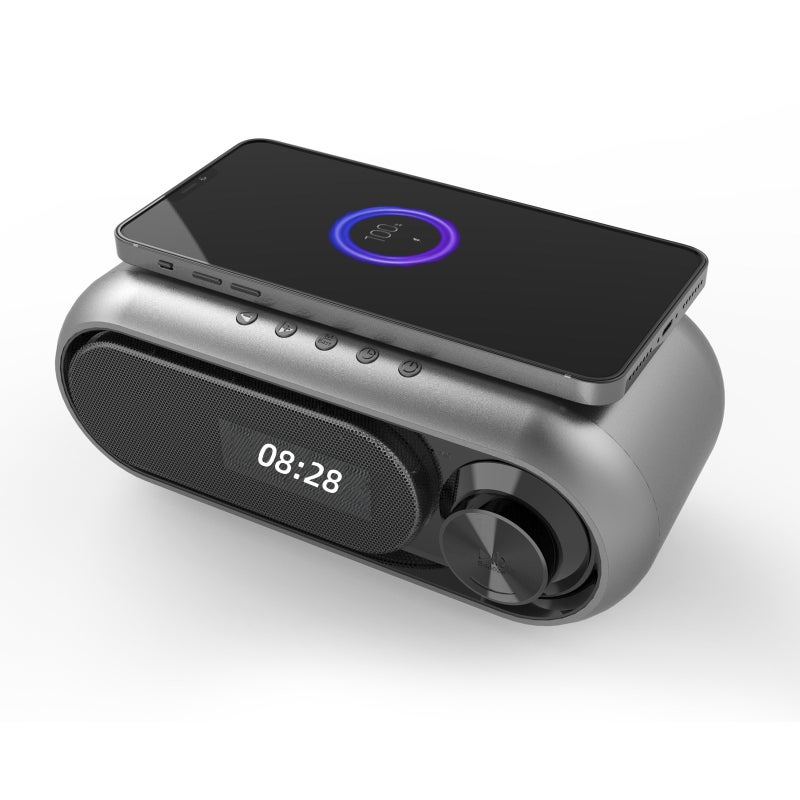 Shaba Wireless Charging Speaker Clock with LED Alarm, Bluetooth and USB Power - Image 1