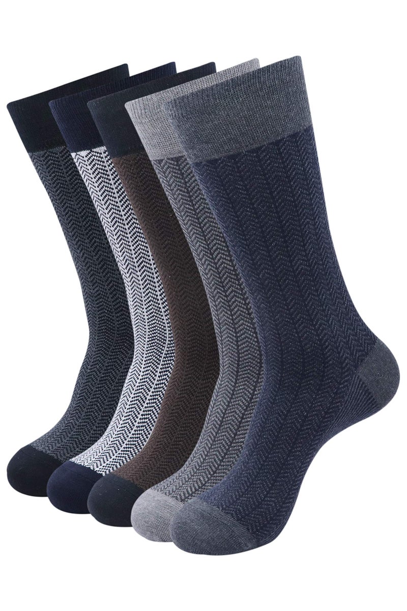 BALENZIA Men's Zig Zag Patterned Cotton Crew length socks- Pack of 5(Black,Navy,Brown,L.grey,D.grey) - Image 1