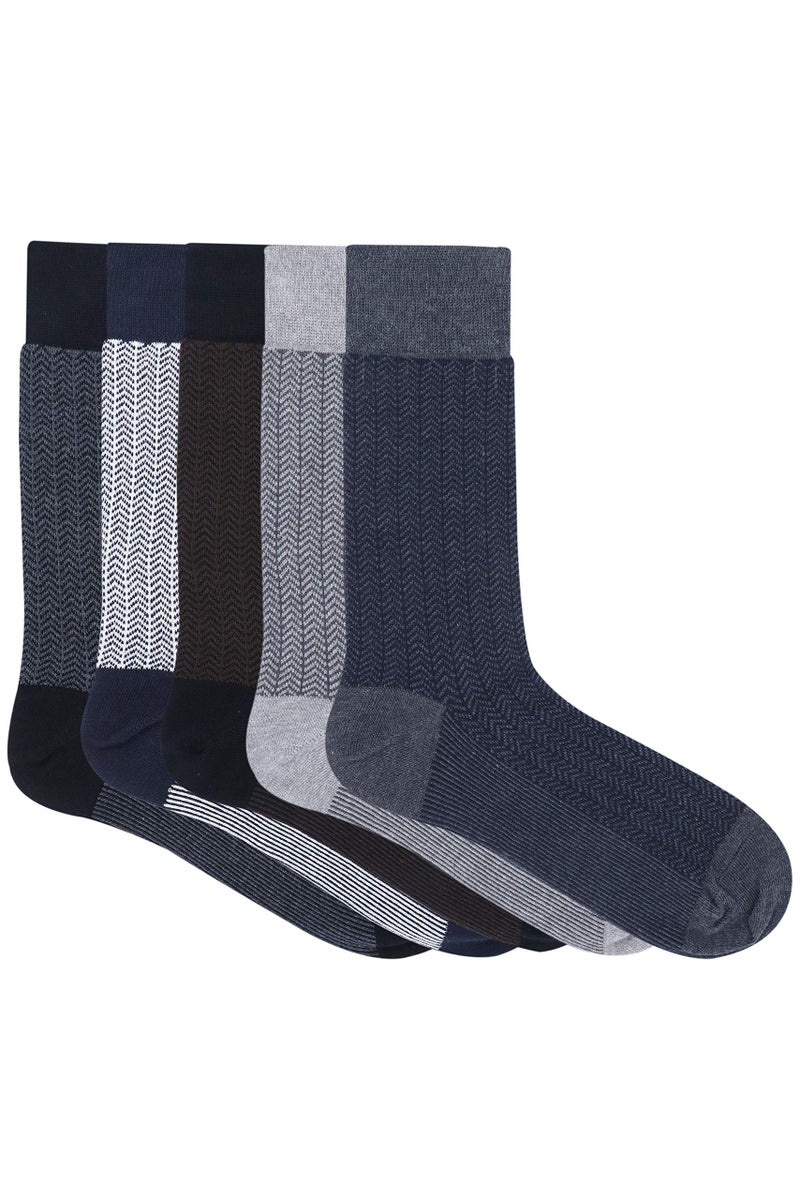 BALENZIA Men's Zig Zag Patterned Cotton Crew length socks- Pack of 5(Black,Navy,Brown,L.grey,D.grey) - Image 2