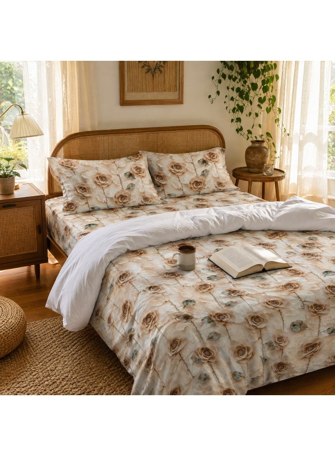 King Size Flat Bedsheet Set, 5D Digital Printed Warm Brown Roses Floral Design, Cream Background - Image 2