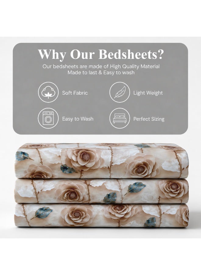 King Size Flat Bedsheet Set, 5D Digital Printed Warm Brown Roses Floral Design, Cream Background - Image 5
