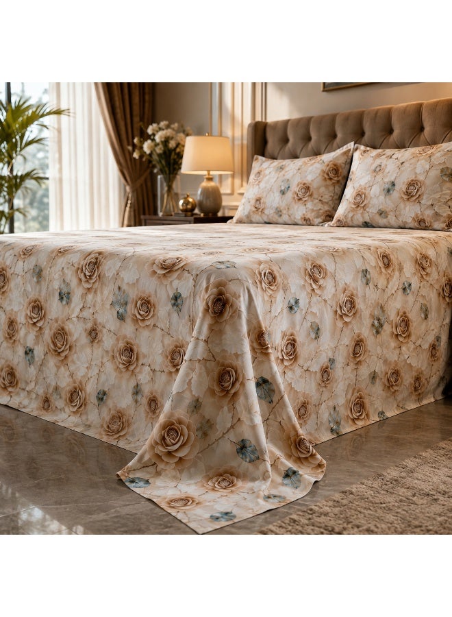 King Size Flat Bedsheet Set, 5D Digital Printed Warm Brown Roses Floral Design, Cream Background - Image 3