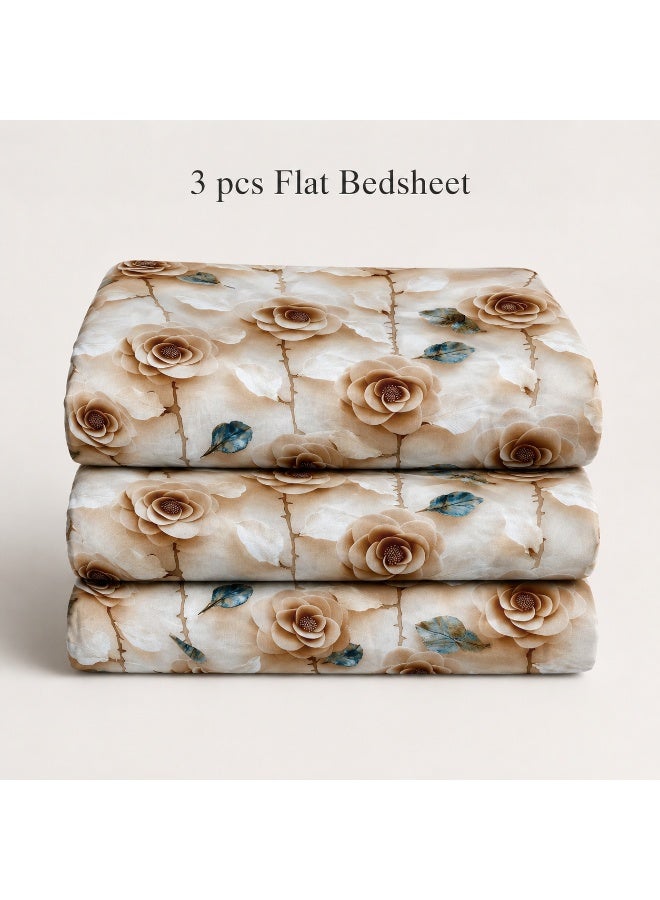 King Size Flat Bedsheet Set, 5D Digital Printed Warm Brown Roses Floral Design, Cream Background - Image 4