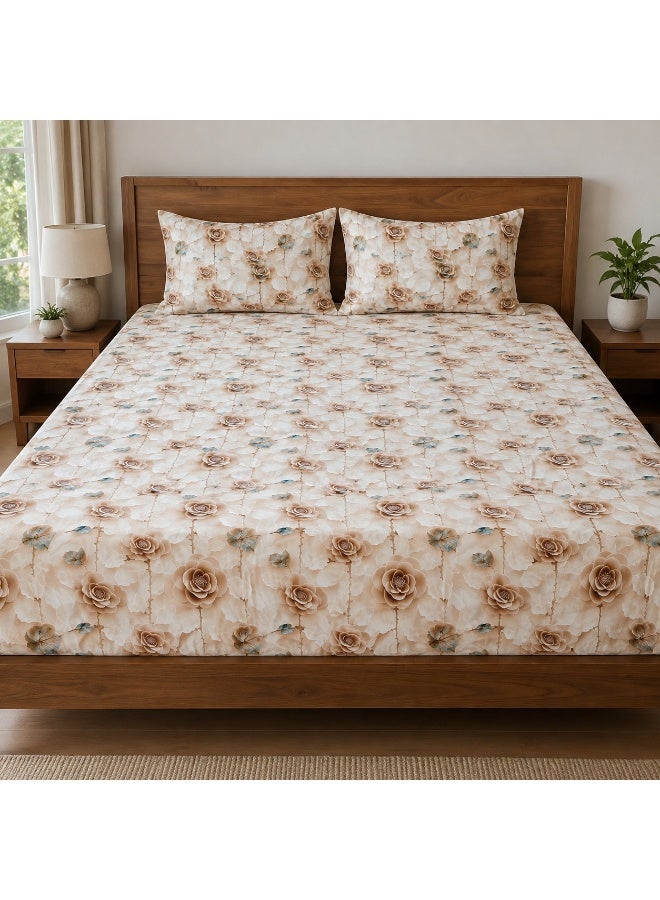 King Size Flat Bedsheet Set, 5D Digital Printed Warm Brown Roses Floral Design, Cream Background - Image 1
