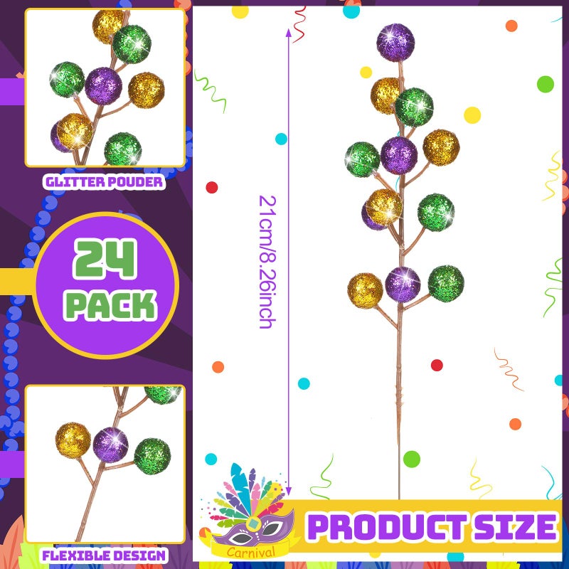 Maysing 24 Pcs Glitter Mardi Gras Artificial Berry Stems 8.26'' Carnival Purple Gold Green Picks Berry Branches Ornaments Mardi Gras Decoration for DIY Tree Wreath Table Centerpiece Gifts Carnival Home Decor - Image 2