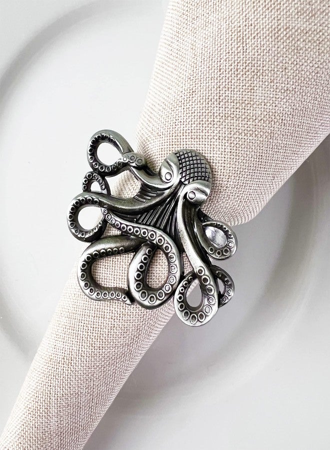 Fennco Styles Coastal Octopus Metal Napkin Rings, Set of 4 - Pewter Nautical Napkin Holders for Home Décor, Dining Table, Banquets, Family Gathering and Special Occasions - Image 1