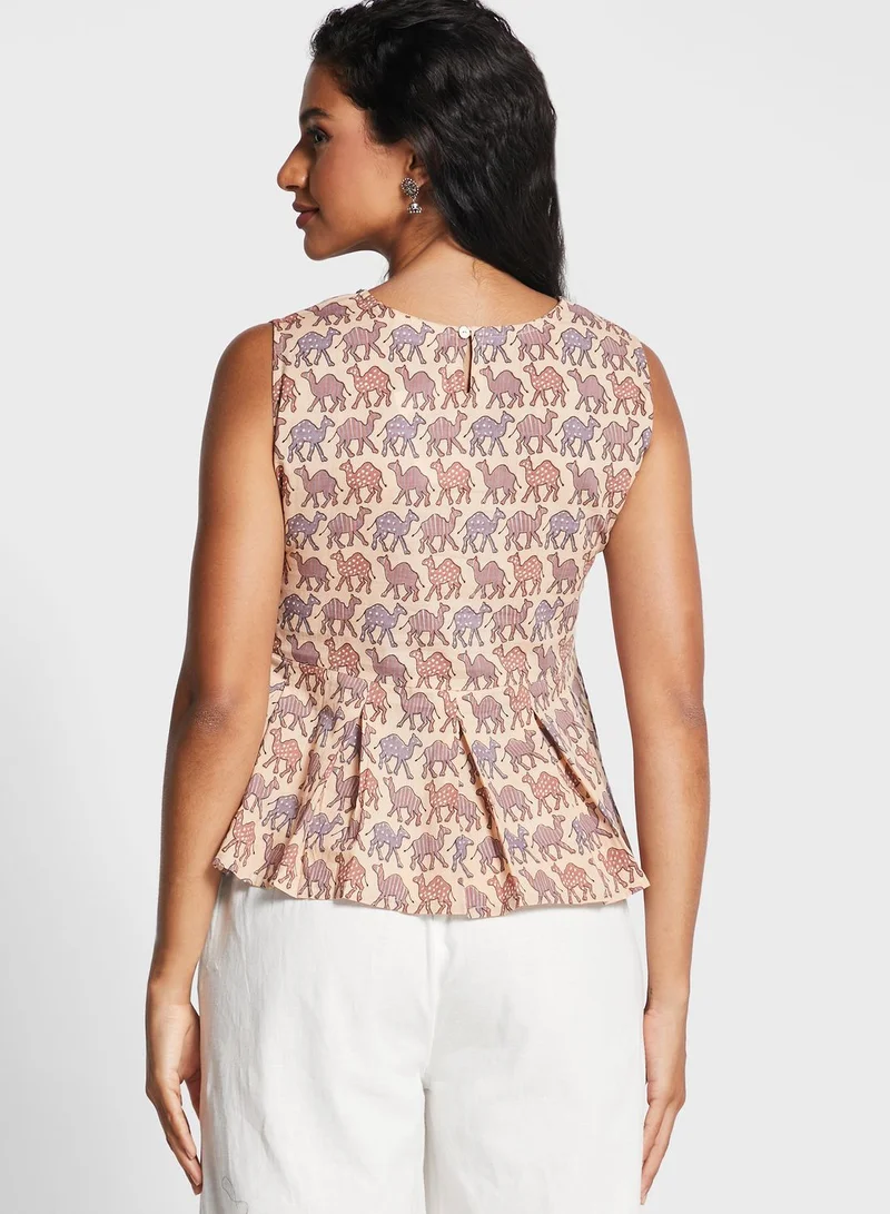 kolaba Sleeveless Top With Camel Print