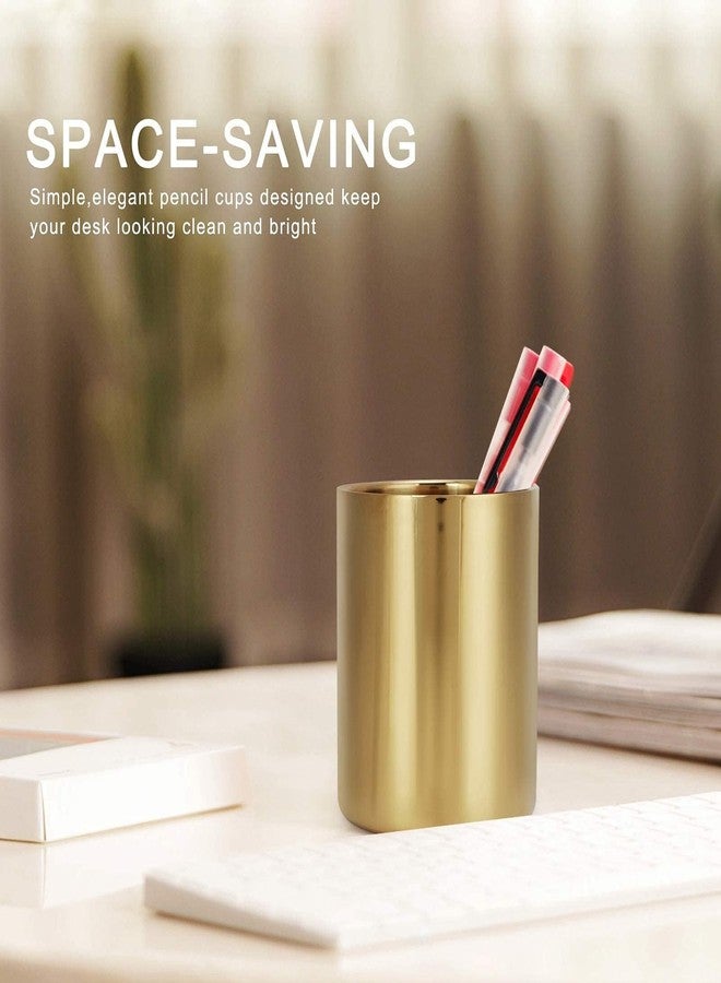 Beufee Gold Pen Pencil Holder, Pencil Cup Holder Desk Organizer Table Vases Flower Pot Stainless Steel Makeup Brush Holder For Office Home(Gold) - Image 5