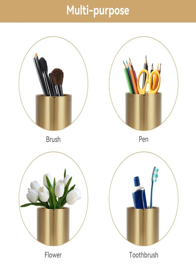 Beufee Gold Pen Pencil Holder, Pencil Cup Holder Desk Organizer Table Vases Flower Pot Stainless Steel Makeup Brush Holder For Office Home(Gold) - Image 3