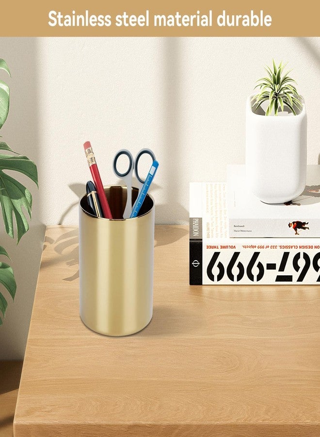 Beufee Gold Pen Pencil Holder, Pencil Cup Holder Desk Organizer Table Vases Flower Pot Stainless Steel Makeup Brush Holder For Office Home(Gold) - Image 4