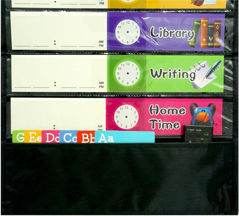 SpriteGru Daily Schedule Pocket Chart， Black Class Schedule with 26 Cards, 13+1 Pockets. 13 colored + 13 blank double-sided reusable Cards, Easy Over-door Mountings included. (13” x 36”) - Image 2