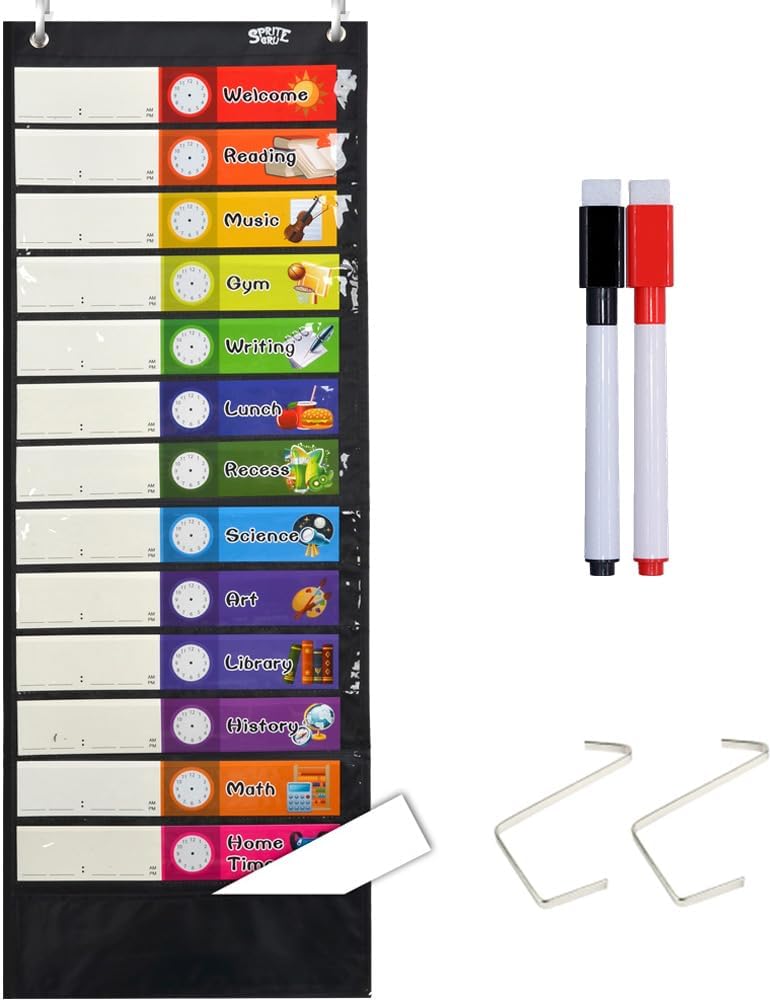 SpriteGru Daily Schedule Pocket Chart， Black Class Schedule with 26 Cards, 13+1 Pockets. 13 colored + 13 blank double-sided reusable Cards, Easy Over-door Mountings included. (13” x 36”) - Image 1