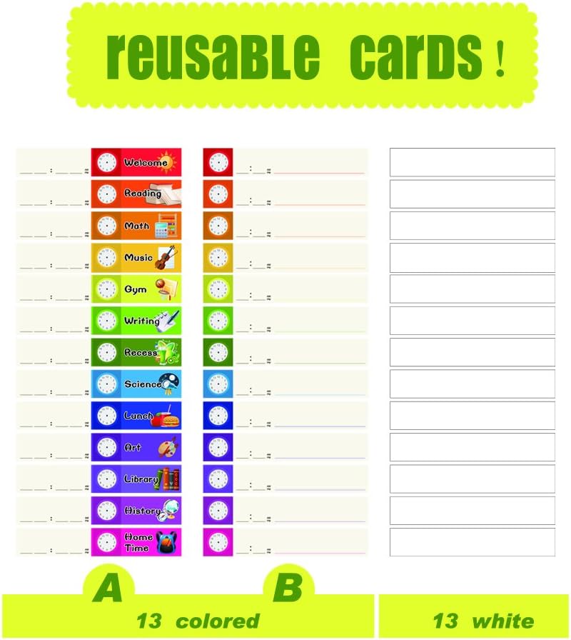 SpriteGru Daily Schedule Pocket Chart， Black Class Schedule with 26 Cards, 13+1 Pockets. 13 colored + 13 blank double-sided reusable Cards, Easy Over-door Mountings included. (13” x 36”) - Image 3