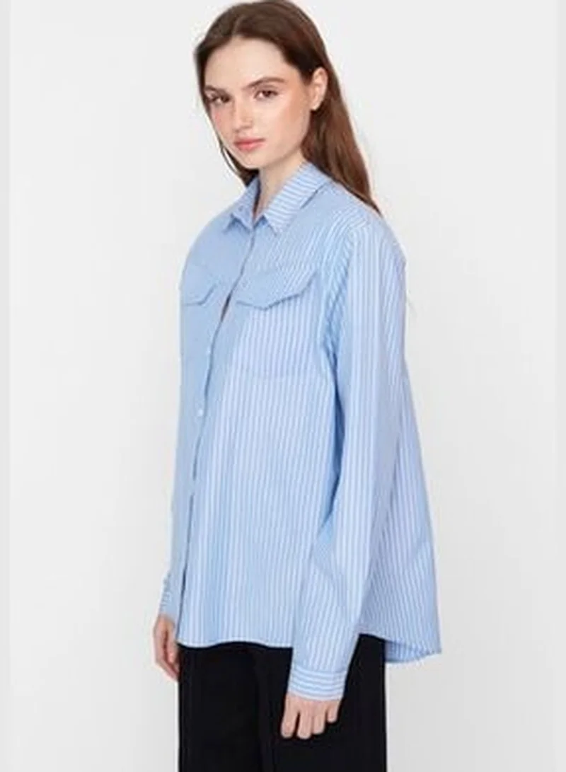 trendyol X Sagaza Studio White-Blue Shirt with Pocket Detail TPRAW23GO00022
