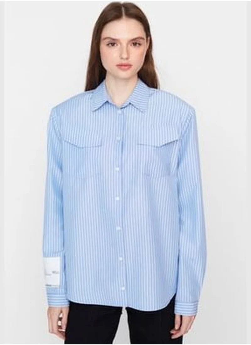 trendyol X Sagaza Studio White-Blue Shirt with Pocket Detail TPRAW23GO00022