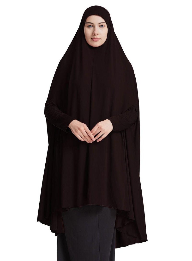 عباية نسائية فاخرة من مزيج القطن، لون بني داكن، بأكمام طويلة، مع حجاب مطابق، مناسبة للارتداء اليومي المحتشم. - Image 1