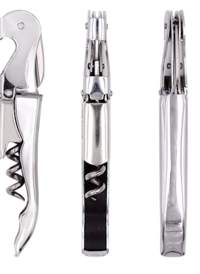 فتاحة زجاجات للمشروبات مع قطاعة فويل، مفتاح زجاجات كلاسيكية من فولاذ مقاوم للصدأ الكل في واحد بمفصلات مزدوجة للمطاعم والنوادل، طقم من 1 قطعة (لون فضي) - Image 2