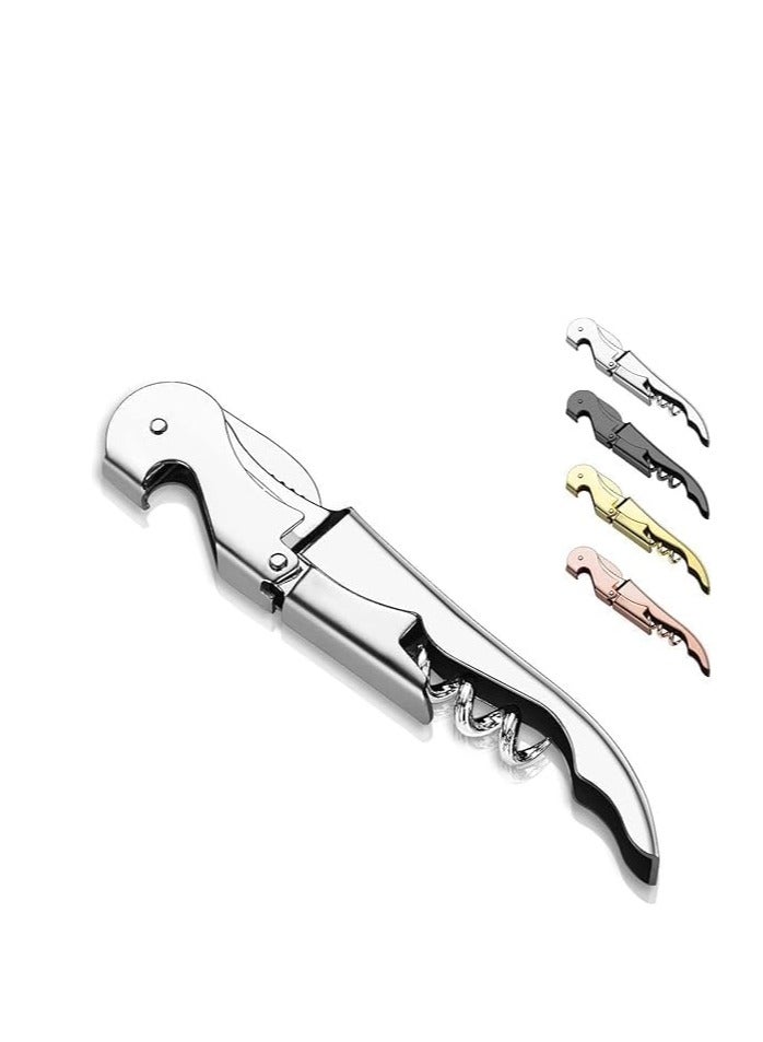 فتاحة زجاجات للمشروبات مع قطاعة فويل، مفتاح زجاجات كلاسيكية من فولاذ مقاوم للصدأ الكل في واحد بمفصلات مزدوجة للمطاعم والنوادل، طقم من 1 قطعة (لون فضي) - Image 1