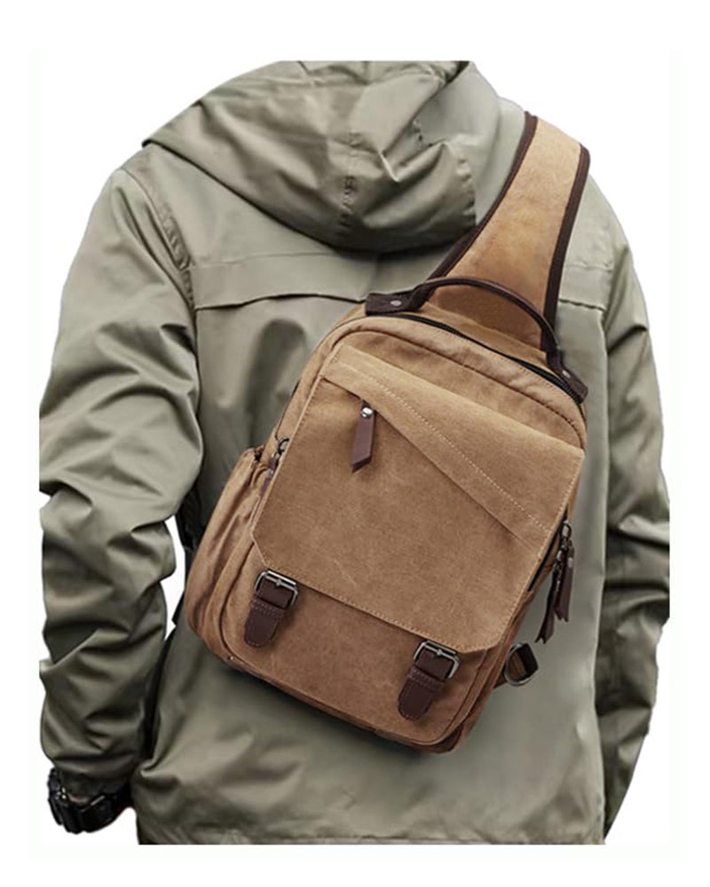 WEPLAN Messenger Bag for Men Small Sling Crossbody Backpack for Men Women Canvas Strap Backpack for Working Hiking Cycling Travel, Khaki - Image 1