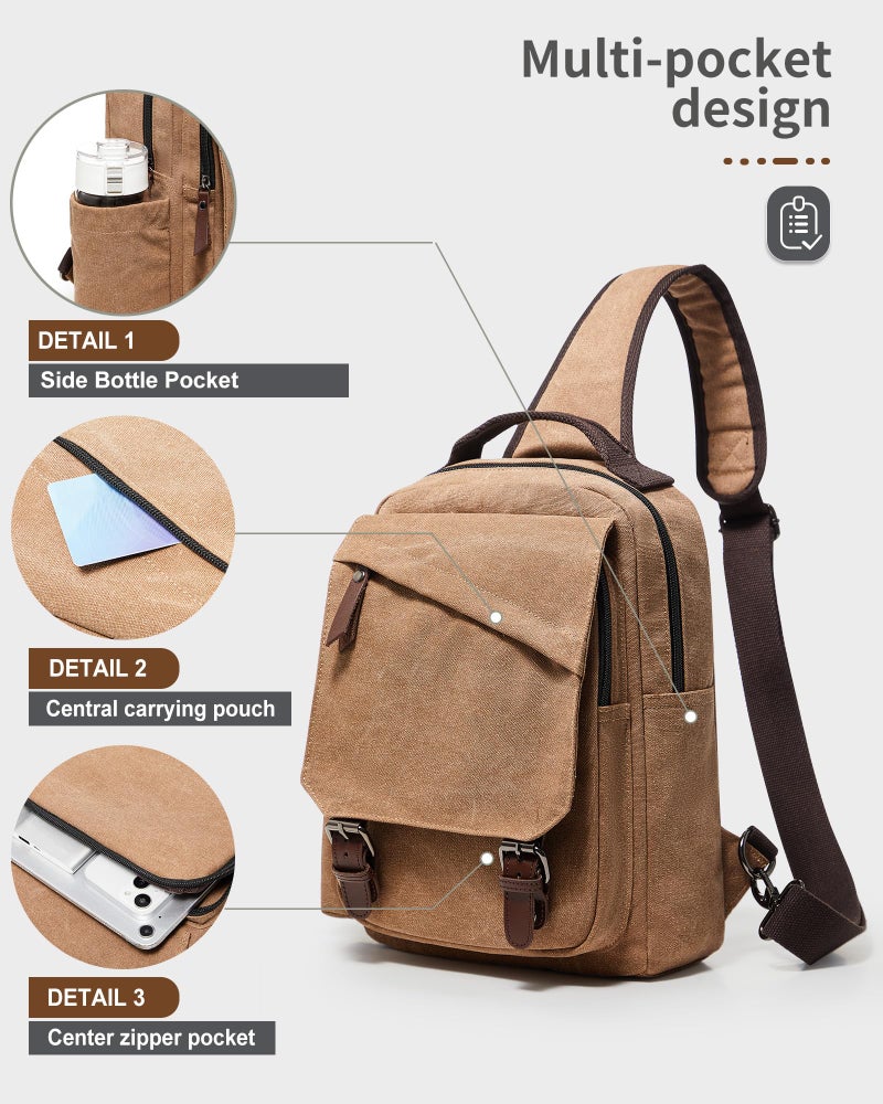 WEPLAN Messenger Bag for Men Small Sling Crossbody Backpack for Men Women Canvas Strap Backpack for Working Hiking Cycling Travel, Khaki - Image 3