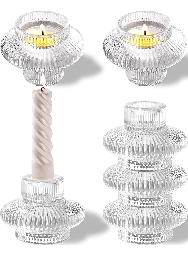 The Bros Taper Glass Candle Holder Set of 6, Versatile Design for Taper Candles & Tea Lights, Elegant Glass Candlestick Holders for Wedding, Party, & Holiday Decor (Clear) - Image 1