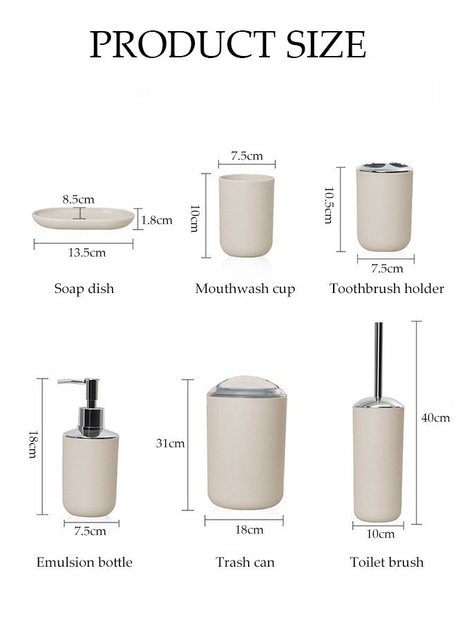 DUNISO 6 Pieces of Bathroom Accessories Set，Plastic Gift Set，Smooth Circular Electroplated Bathroom Set，With Trash Can, Soap Dish, Toilet Brush, Mouthwash Cup, Lotion Bottle, Toothbrush Holder，Off White - Image 3