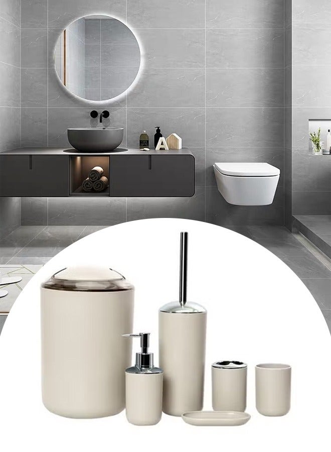 DUNISO 6 Pieces of Bathroom Accessories Set，Plastic Gift Set，Smooth Circular Electroplated Bathroom Set，With Trash Can, Soap Dish, Toilet Brush, Mouthwash Cup, Lotion Bottle, Toothbrush Holder，Off White - Image 1