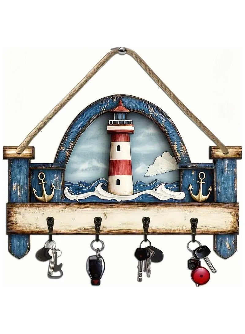 Stylish wooden key hanger plate, modern home decor, consisting of 4 straight and flat key hooks, 2D printing, to be placed at the entrance of the house or apartment. The design is rectangular in width and in a nautical style, or a holiday home or chalet. The plate has a sea tower print. The hooks are used to hang keys or glasses. The installation and fixing of the plate on the wall is easy. Suitable for living rooms, bedrooms, in the kitchen, on the balcony, chalet, farm, in the guard room, or behind the door. The plate is 25 cm wide and 20 cm high  - Image 1