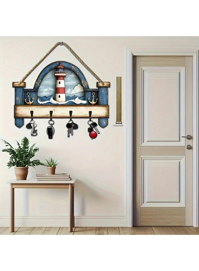 Stylish wooden key hanger plate, modern home decor, consisting of 4 straight and flat key hooks, 2D printing, to be placed at the entrance of the house or apartment. The design is rectangular in width and in a nautical style, or a holiday home or chalet. The plate has a sea tower print. The hooks are used to hang keys or glasses. The installation and fixing of the plate on the wall is easy. Suitable for living rooms, bedrooms, in the kitchen, on the balcony, chalet, farm, in the guard room, or behind the door. The plate is 25 cm wide and 20 cm high  - Image 5