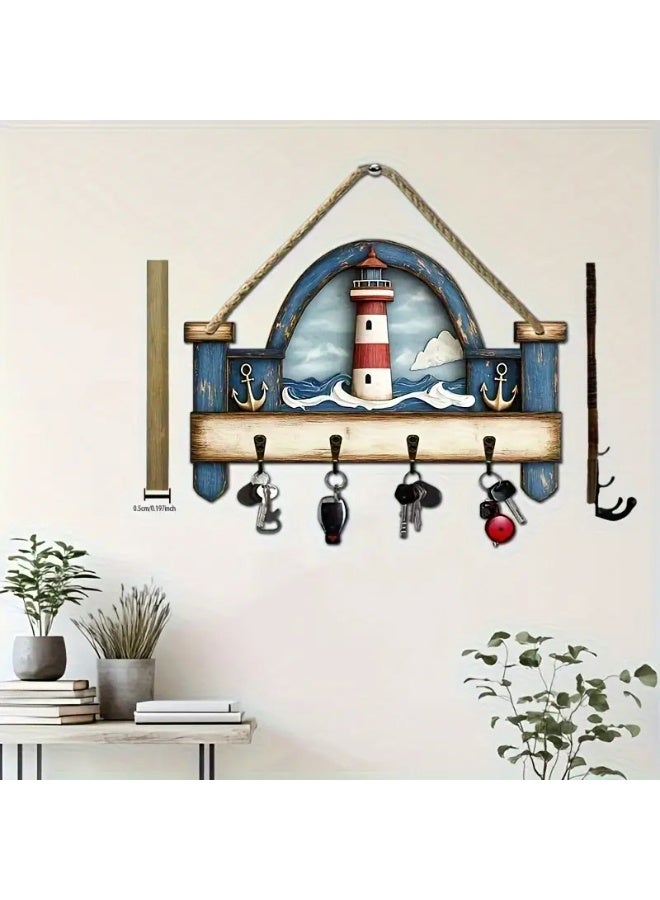 Stylish wooden key hanger plate, modern home decor, consisting of 4 straight and flat key hooks, 2D printing, to be placed at the entrance of the house or apartment. The design is rectangular in width and in a nautical style, or a holiday home or chalet. The plate has a sea tower print. The hooks are used to hang keys or glasses. The installation and fixing of the plate on the wall is easy. Suitable for living rooms, bedrooms, in the kitchen, on the balcony, chalet, farm, in the guard room, or behind the door. The plate is 25 cm wide and 20 cm high  - Image 4