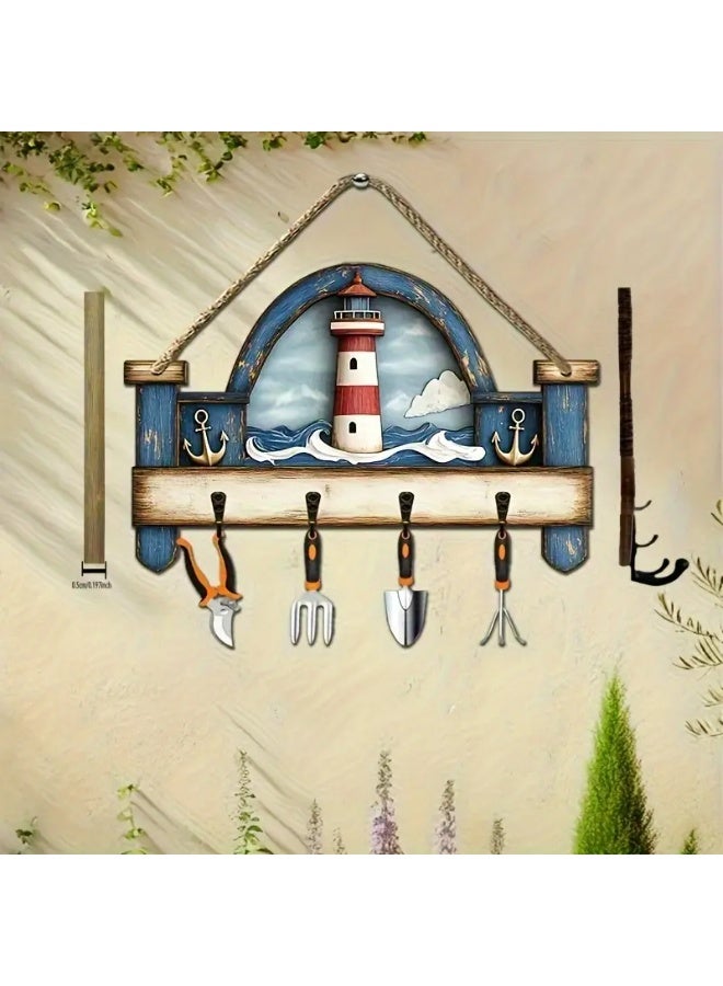 Stylish wooden key hanger plate, modern home decor, consisting of 4 straight and flat key hooks, 2D printing, to be placed at the entrance of the house or apartment. The design is rectangular in width and in a nautical style, or a holiday home or chalet. The plate has a sea tower print. The hooks are used to hang keys or glasses. The installation and fixing of the plate on the wall is easy. Suitable for living rooms, bedrooms, in the kitchen, on the balcony, chalet, farm, in the guard room, or behind the door. The plate is 25 cm wide and 20 cm high  - Image 2