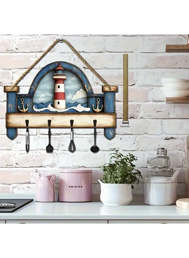 Stylish wooden key hanger plate, modern home decor, consisting of 4 straight and flat key hooks, 2D printing, to be placed at the entrance of the house or apartment. The design is rectangular in width and in a nautical style, or a holiday home or chalet. The plate has a sea tower print. The hooks are used to hang keys or glasses. The installation and fixing of the plate on the wall is easy. Suitable for living rooms, bedrooms, in the kitchen, on the balcony, chalet, farm, in the guard room, or behind the door. The plate is 25 cm wide and 20 cm high  - Image 3