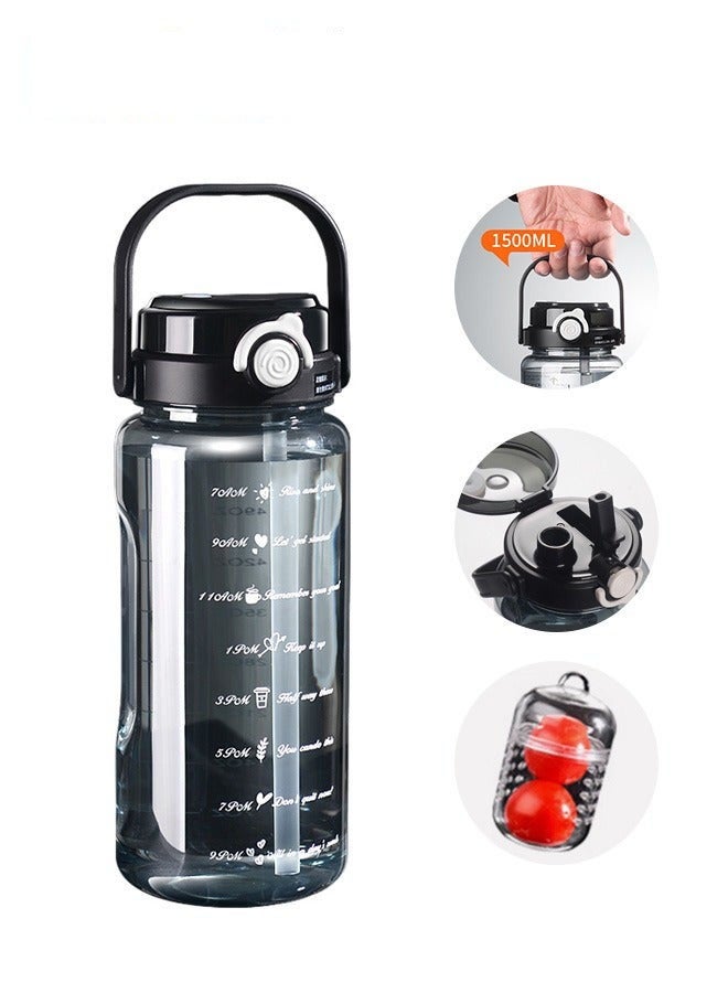 DURKU 1.5L Sports Water Botlle with Time Marker and Dual Drinking Spout, Leak-Proof Sports Water Cup with Handle and Tea Infuser, Portable Gym Bottle for Gym, Travel, Home, School, BPA Free, Safe Lock